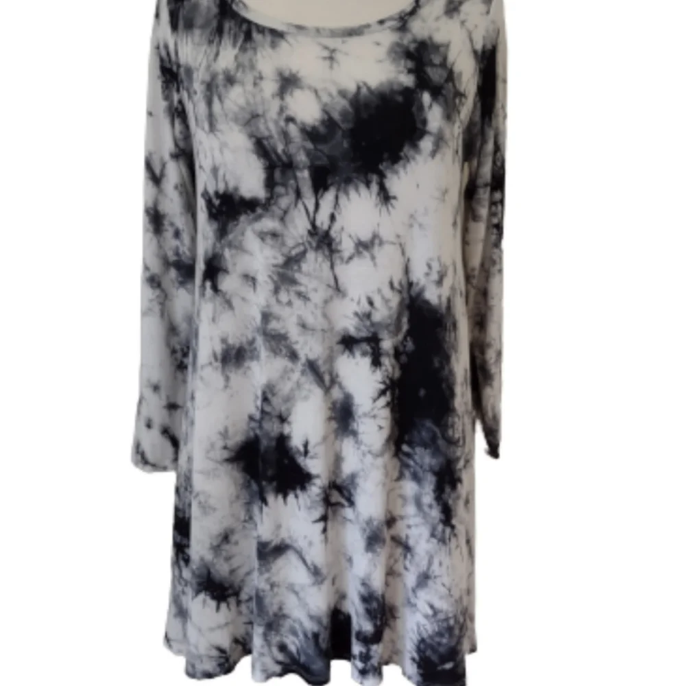 Newbury Kustom Tie Dye Mini Dress Size 8 Black White Long Sleeve Shift